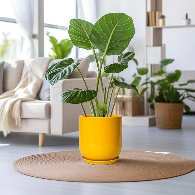 12 Inch Pots for Plants - Ceramic Planter for Outdoor Plants Large Plant Pot Indoor with Drainage Hole Modern Flower Pot for Home Patio Office Decor Yellow