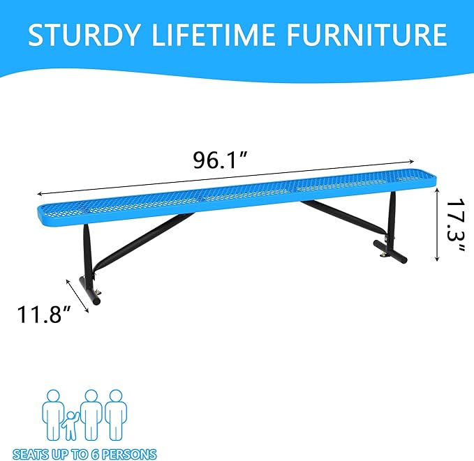 8 Feet Heavy Duty Metal Park Bench for Outside, Outdoor Bench with Portable Frame, Commercial Benches for Shopping Mall, Store, Park, Patio, Deck, Blue
