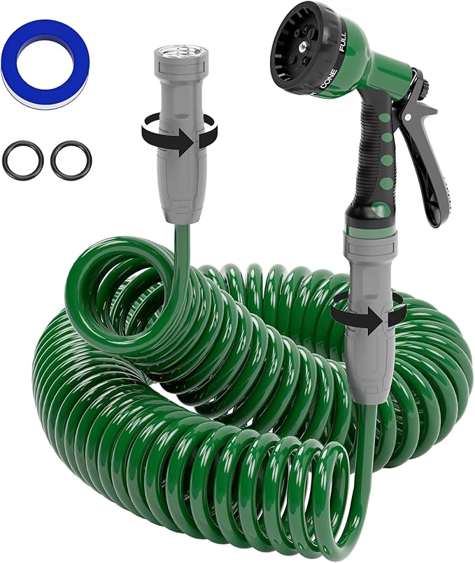 3/8" Lightweight Coil Garden Hose 75FT, EVA Flexible Curly Water Pipes with 6-Pattern Spray Nozzle for Boat, Greenhouse, Yard, Patio, Green
