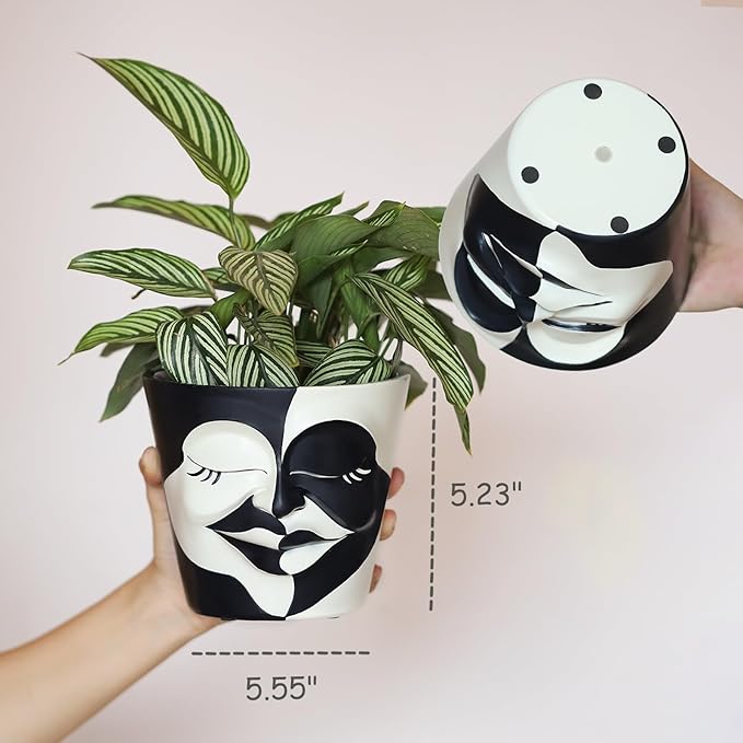 GUGUGO Face Planters Pots with Drainage, Flower Plant Pots for Indoor Plants, Unique Funny Small Succulent Desk Vase for Plant Lover Gifts (Bicolor-Black & White, 5.5Inch)