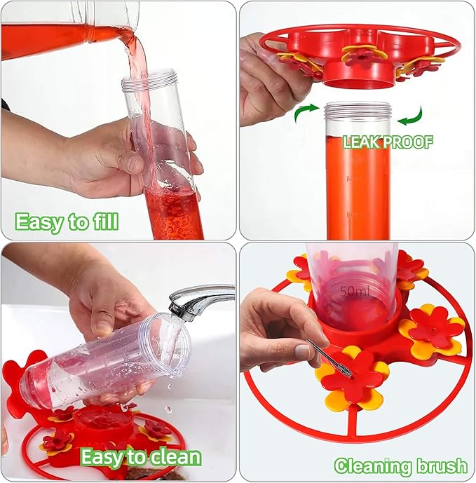 Hummingbird Feeders for Outdoors Hanging (2 Pack) 5 Feeding Ports 320 ml Plastic Hummingbird Feeder, Bee-Proof Leak-Proof No Drip, Easy to Clean with Cleaning Brush