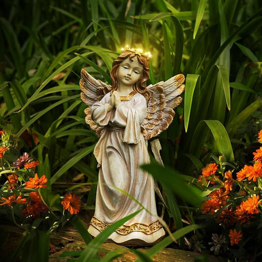 Angel Garden Statue,Memory Guardian Solar Garden Decor with Warm Light,Waterproof Praying Angel Statue with Garland,Outdoor Garden Decor Sculpture for Lawn Yard Patio,Sympathy Gift,Apricot Pink