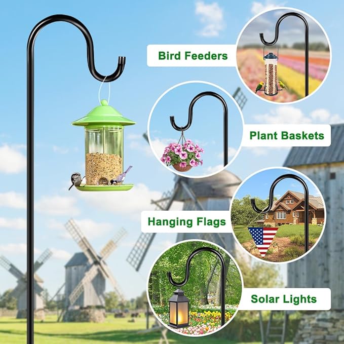 96" Shepherds Hooks for Outdoor, Heavy Duty Garden Bird Feeder Pole Hanging Bird Feeder, Solar Light Lanterns, Outdoor Plant Hanger Hook with 7 Base Prongs, 1 Pack
