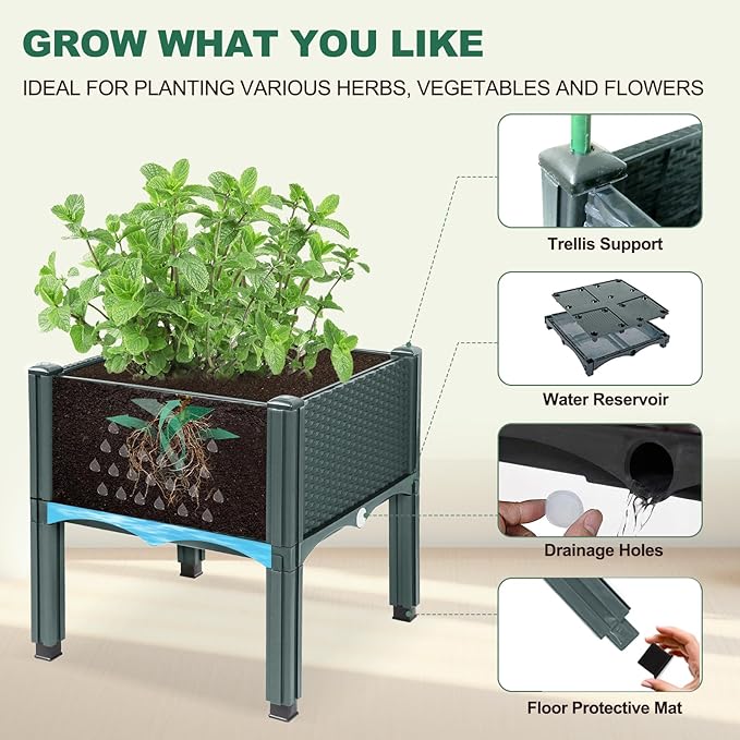 Emalie Raised Garden Beds Elevated Plastic Planter Box with Drainage Plugs Perfect for Vegetables Flowers Herbs Growing Outdoor, 31.5" Lx15.7 Wx16.5 H Grey
