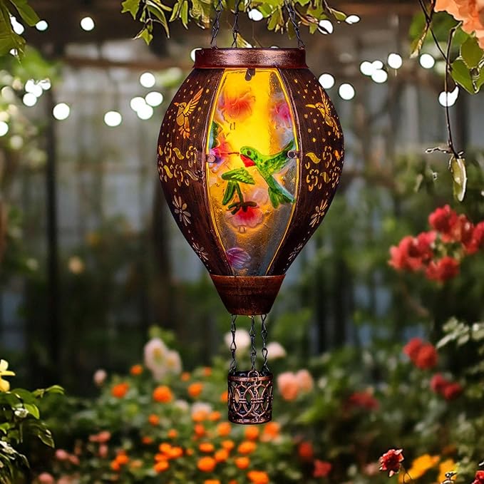 Hummingbird Hot Air Balloon Solar Lantern, Metal & Glass Flickering Flame Light Solar Lantern, Hanging Waterproof Solar Lanterns Outdoor for Garden Patio Tree Decoration