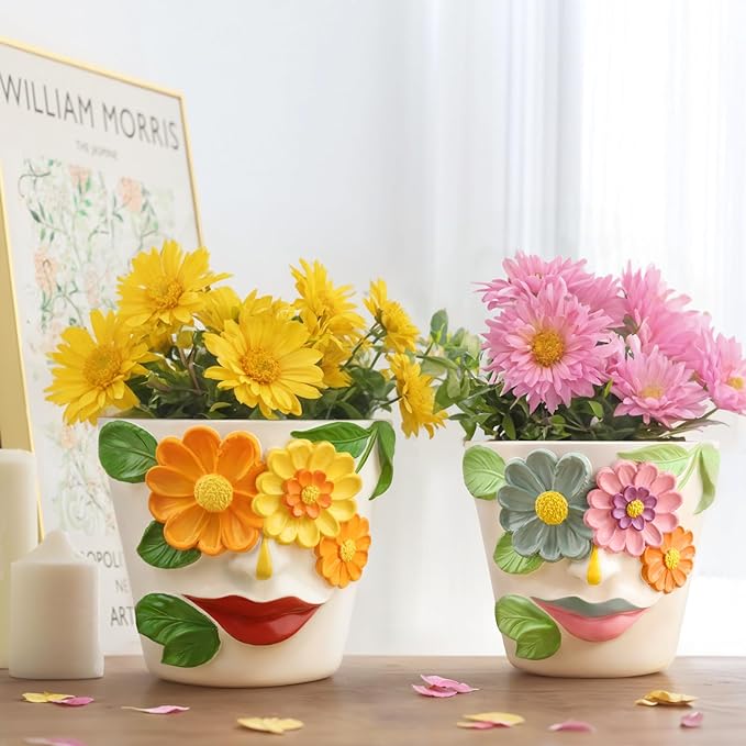 GUGUGO Unique Face Flower Plant Pots, Colorful Cute Succulent Planters with Drainage, Abstract Rainbow Head Flower Planters Pots for Indoor Plants, Funny Eclectic Home Décor (Blue&Pink, 5Inch)