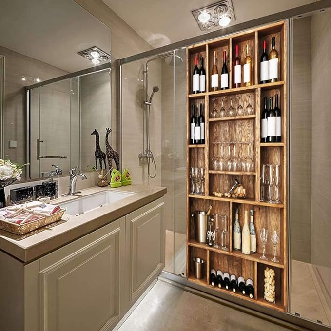 3D Door Wallpaper Self-Adhesive Door Sticker - Wine Cabinet - Door Film Poster Premium PVC Waterproof Wall Sticker for Bedroom Living Room Door Decoration Wallpaper 90 x 200 cm