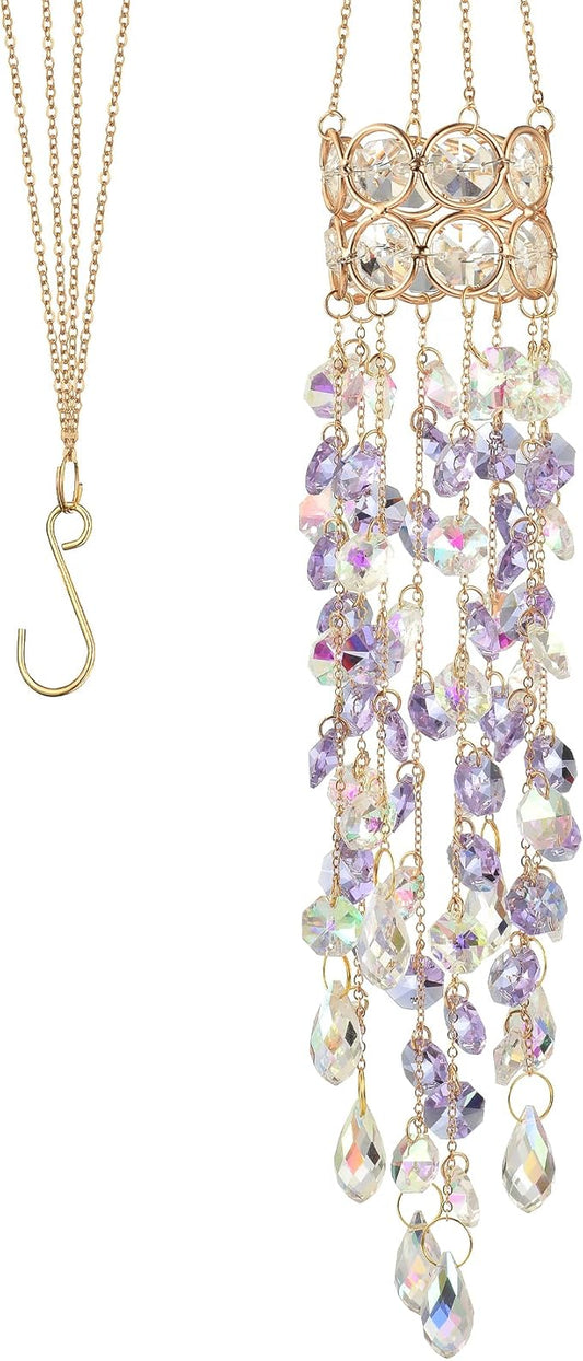 Hanging Window Garden Crystal Sun Catcher, Gold-Plated Sun Catcher for Indoor and Outdoor Decoration, Light Catcher, Party Crystals (Purple)