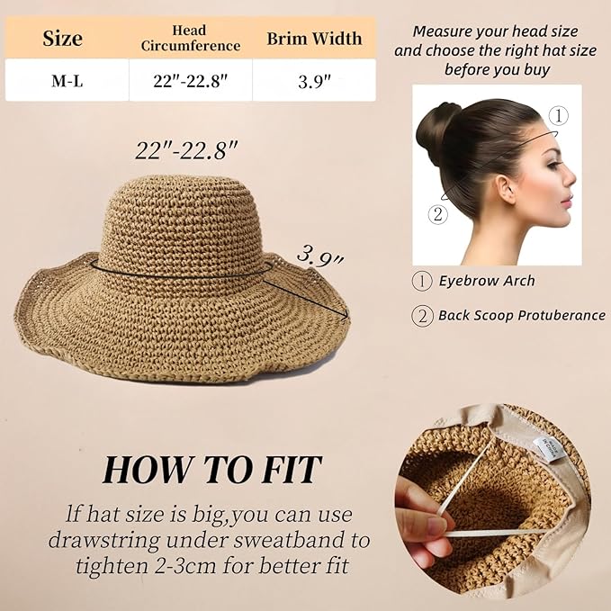 Floppy Big Beach Straw Hats for Women Foldable Summer Wide Brim Packable Sun Hat Womens Travel Straw Fedora Hat