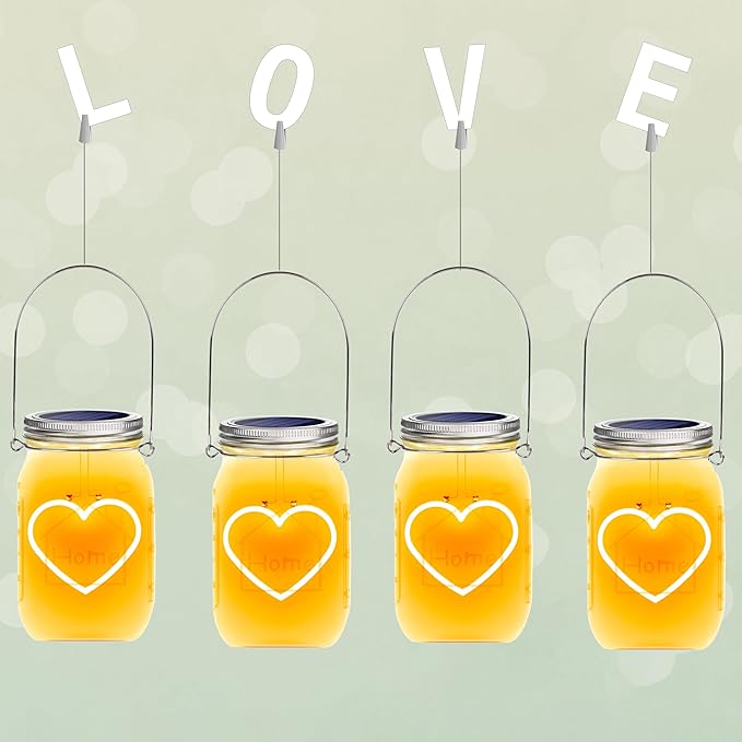 Hanging Solar Mason Jar Lights, 4 Pack Warm Heart Shape Led Lights, Solar Powered Lanterns Outdoor Waterproof, Hangers and Jars Included, Gift for Lover, Home Party Wedding Garden Patio Decor (4)