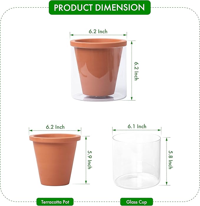 D'vine Dev 6 Inch Design Self Watering Pot for Indoor Plants, Terracotta Planter with Cylinder Glass Cup, Set of 2, 37-X-B-2