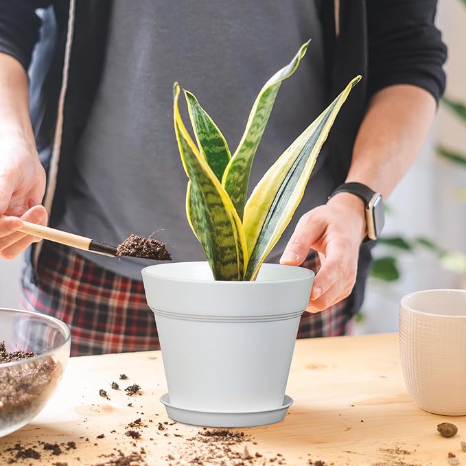 6 inch Plastic Nursery Pots, 16 Pack Plant Pots for Indoor Outdoor Plants, Flower Pots with Drainage Holes and Saucers, Decorative Seedling Starter Planters for House Plants, White