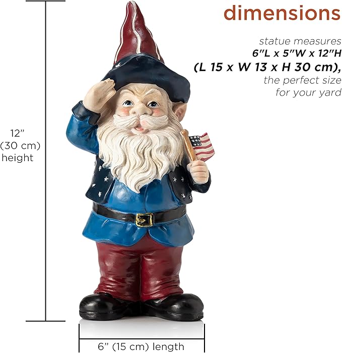 Alpine Corporation 12" Tall Outdoor Patriotic Garden Gnome Saluting Yard Statue Decoration