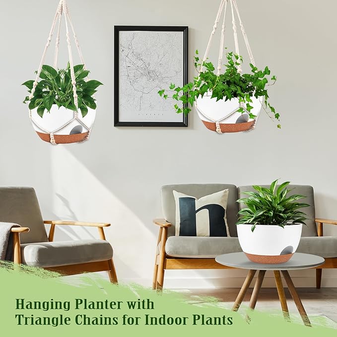 Hanging Planters for Outdoor Indoor Plants, 2 Pack 12 Inch Hanging Basket Plants Outdoor, Self Watering Hanging Planter with Plant Hanger for Garden Home Decoration (2 Type Plant Hangers White)