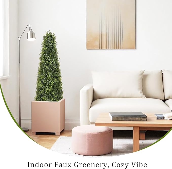4ft Artificial Boxwood Topiary Trees (Set of 2) - UV Resistant Faux Plants Outdoor, Realistic 48in Fake Potted Bushes and Shrubs for Front Porch, Planter, Patio - Low Maintenance & Evergreen