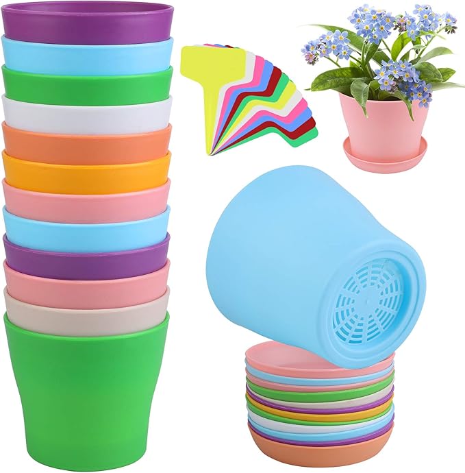 ADXCO 12 Pack 4 Inch Plastic Planters Flower Plant Pots Multi Color Flower Seedling Nursery Pots Thick Outdoor Indoor Plants for Your Room, Office, Garden Decor with Pallet, 8 Colors