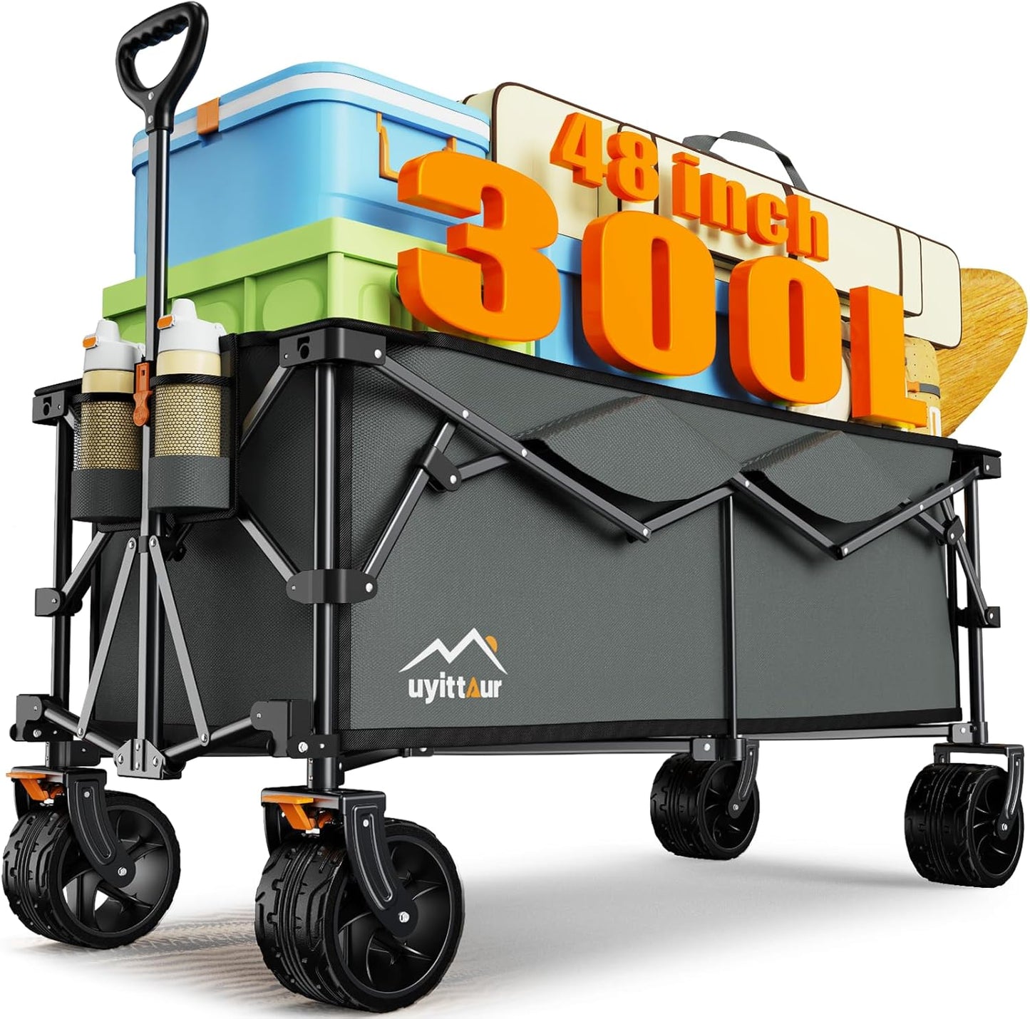 300L Extra Large Collapsible Foldable Wagon, 440lbs Load Capacity 48''L Extended Heavy Duty Folding Beach Wagon with Big All-Terrain Wheels, Utility Garden Cart for Outdoor Activities, Gray
