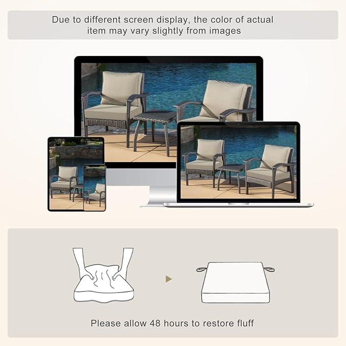 Favoyard Patio Chair Cushions 24 x 24 x 4 Inch Waterproof Outdoor Seat Cushions for Patio Furniture 3-Year Color Fastness Garden Sofa Couch Chair Pads with Handle & Adjustable Straps Set of 2, Beige