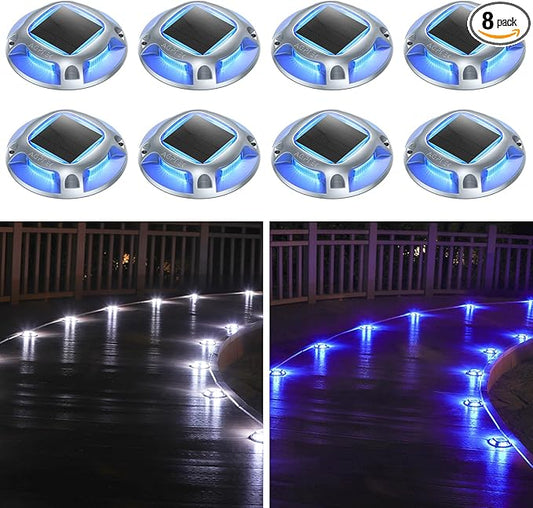 AGPTEK Solar Driveway Lights Outdoor 8 Pack, 2 Color Modes LED Deck Dock Marine Waterproof Security Marker Lights for Step Sidewalk Stair Garden Pathway Walkway Yard(Blue Light/Cool White)