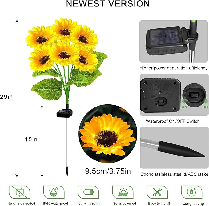 4 Pack Solar Sunflower Garden Lights 24 Vibrant Sunflowers LED Outdoor Decorative Stake Lights for Yard, Patio, Lawn, Pathway, IP65 Waterproof, Gardening Gift for Mom, Grandma, and Friends