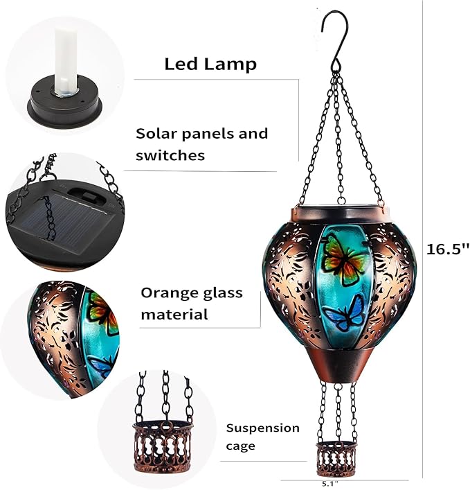 Hot Air Balloon Solar Lantern Outdoor - Flame Hanging Solar Light Waterproof Lanterns for Patio Garden Yard Farmhouse Decor, Great Gift(Butterfly)