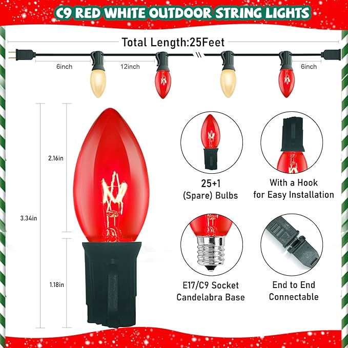 25FT C9 Christmas Outdoor Lights,Red and Frosted White Christmas Lights with 26 Bulbs(1 Spare),Commercial Vintage Red White Christmas Lights for Tree Yard Garden Porch Party
