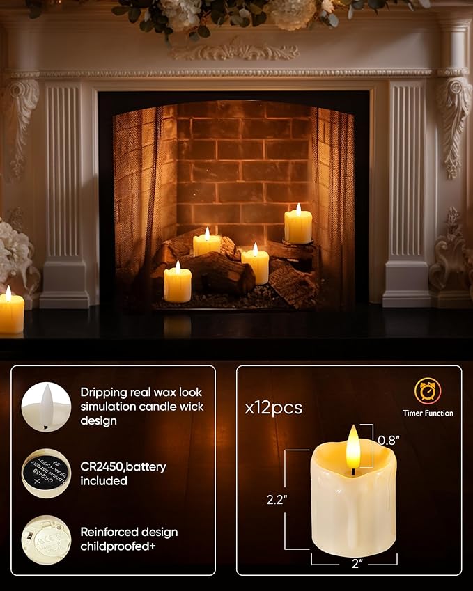 Homemory 12Pack 2" x 2" Timer Remote Control Flameless Votive Candles, Realistic Battery Operated Candles, 3D Wick Electric Fake Candles for Christmas, Wedding, Home Decorations