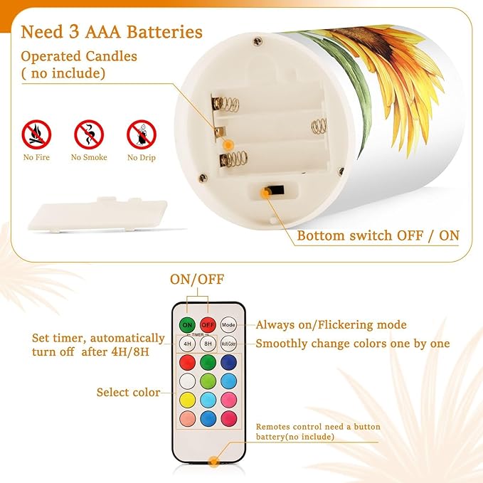 Flickering Flameless Candles, Beautiful Sunflower LED Candles with Remote Timer, Set of 2 Battery Operated Candle for Valentine Wedding Birthday