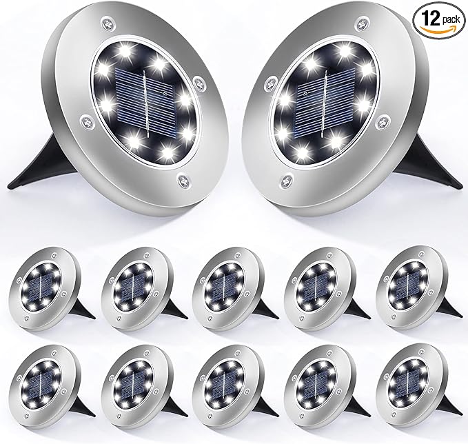Aogist Solar Ground Lights 12 Packs, 8 LED Solar Garden Lights, Outdoor Solar Disk Lights, In-ground Outdoor Landscape Lights for Pathway Yard Walkway Patio Lawn Path (Cold White)