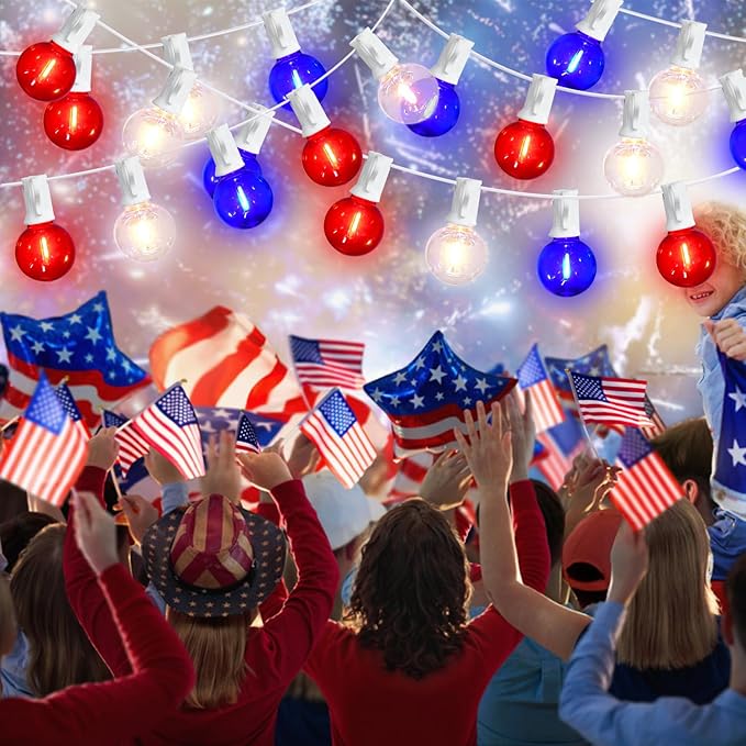 G40 LED Red White and Blue Lights, 27.8 FT 4th of July Lights Plug in with 25+3 Bulbs, Patriotic Decorations Outdoor String Light for Memorial Day Independence Day Patio Garden Backyard Bistro Decor