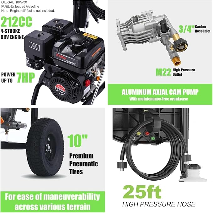 4200 PSI Gas Pressure Washer, 4.0 Max GPM 212CC 7HP Commercial Gas Power Washer, Spray Gun and Wand, 5 Nozzle Set, for Cars/Fences/Driveways/Homes/Patios/Furniture