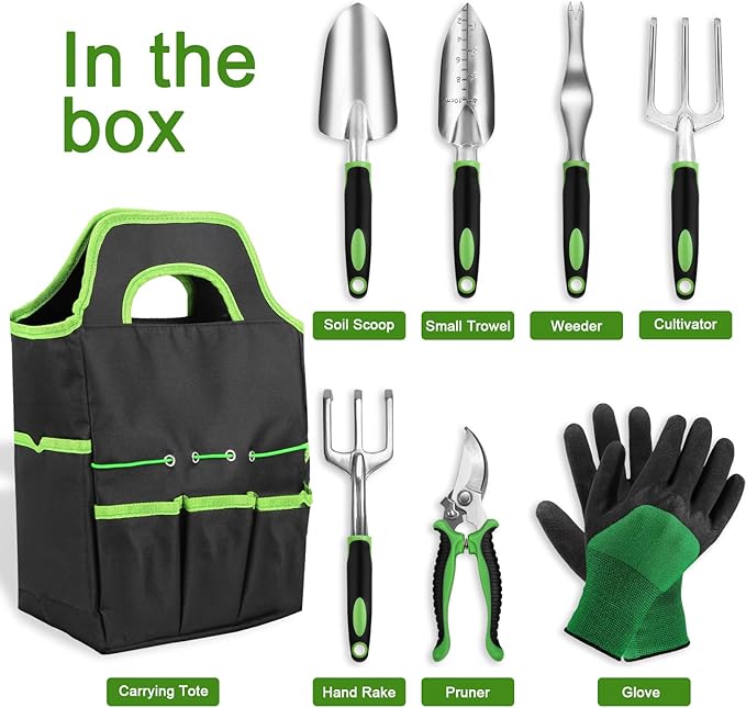 Garden Tool Set with Non Slip Rubber Grip,8 Piece Stainless Steel Gardening Tool Sets,Heavy Duty Outdoor Hand Tools Durable Storage Tote Bag,Uprooting Weeding Tool, Gifts for Women Men Green