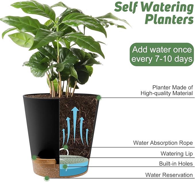 8-Inch Plant Pots, Self-Watering Planters with Drainage Holes & Saucers for Indoor and Outdoor Plants (2-Pack,Black)