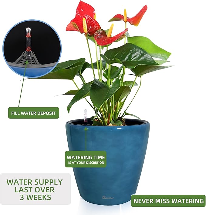 Dexceder 13x12 Self Watering Planter with Wheels Indoor Outdoor, Inner Pot Design, Thickened Large Floor Standing Flower Plant Pot with Water Level Indicator (Peacock Blue Gradient)