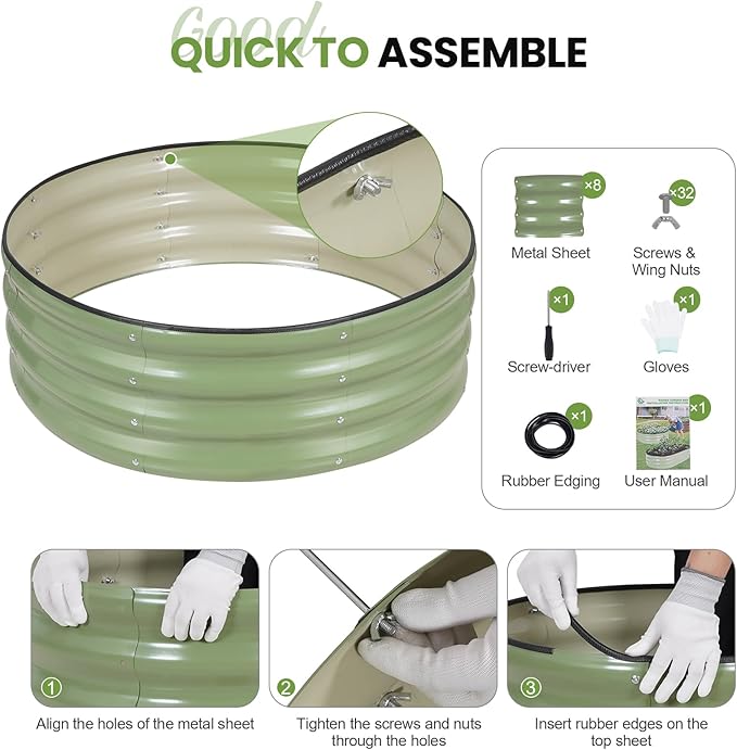 G GOOD GAIN Round Raised Garden Bed - 2Pcs 3x3x1ft Galvanized Steel Planter Boxes Outdoor with Rubber Edge Trim | Metal Raised Beds for Gardening Vegetables Flowers Fruits Herbs (Olive Green)