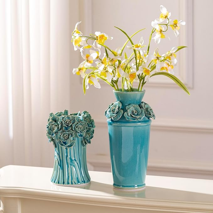 Handmade 3D Ceramic Flower Blue Bud Vase for Centerpieces, Decorative Blue Flower Vases for Wedding Reception, Home Decor, Living Room, Cottage Core Decor, Jarrones Decorativos para Sala 8.7 Inch