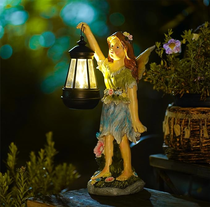 Fairy Garden Statue Solar Garden Fairy with Lantern Light Outdoor Garden Decoration Waterproof Solar Garden Sculpture for Patio Yard Lawn Gift for Mom Grandma