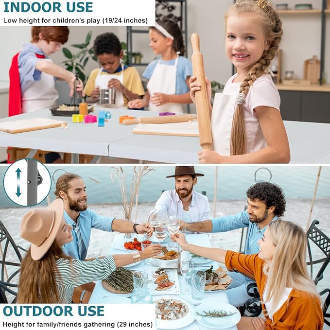 4FT Folding Table, Height Adjustable Table, Heavy Duty Plastic Tables Portable Fold-in-Half Utility Table w/Handle & Lock for Camping BBQ Party Banquet Wedding Market Events, 330LBS