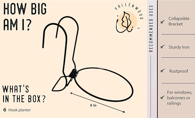 6 Pieces, 8 inches Iron hanging Flower Pot. Metal Plant Wall Hanger, Vertical Yard Garden. Planter Hook Ring, Rail Metal Fence. Indoor and Outdoor. Wire Trellis. Collapsible Bracket. (8 inches)