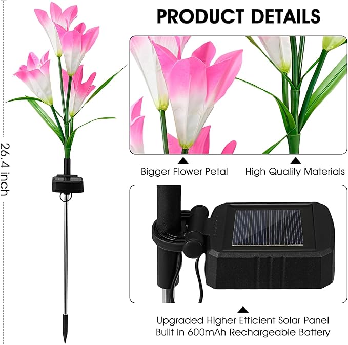 6 Pack Solar Garden Lights Outdoor, 7 Color Changing LED Waterproof Solar Powered Lily Flowers Landscape Lights for Outside Yard, Patio, Pathway Decorative, Décor