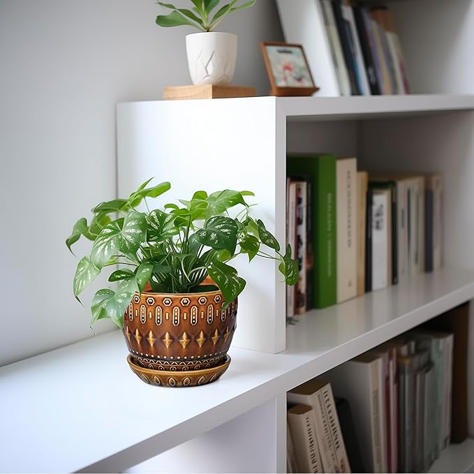 G EPGardening 5.5 Inch Plant Pot - Ceramic Planter for Indoor Outdoor Plants, Boho Round Indoor Flower Pot with Drainage Hole and Saucer, Housewarming Gifts, Garden Home Room Decor, Brown