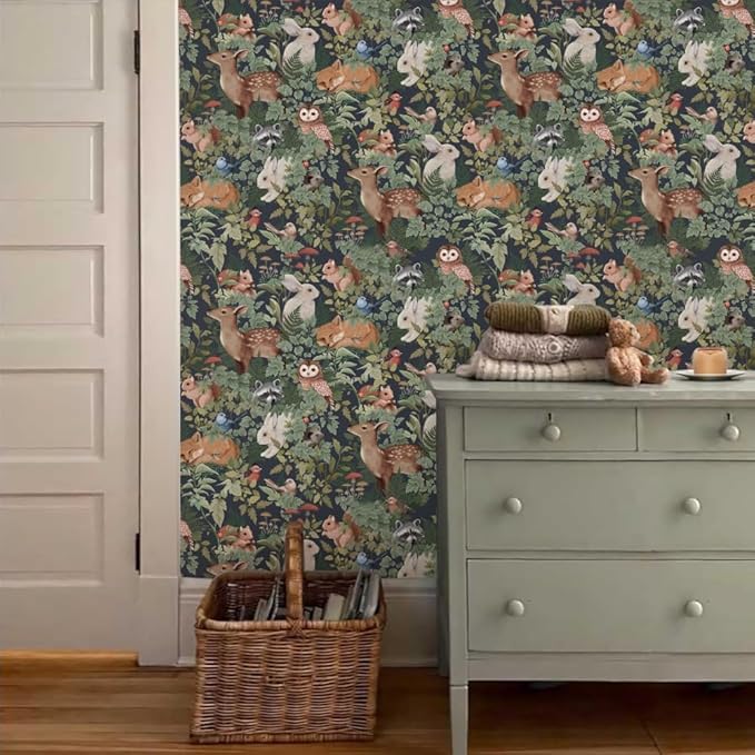 Animal Leaf Forest Deer Rabbits Squirrel Owl Green Plants Peel and Stick Wallpaper Self Adhesive Removable Easy Peel Off Contact Paper Stick on Wall Paper for Bedroom&Renter