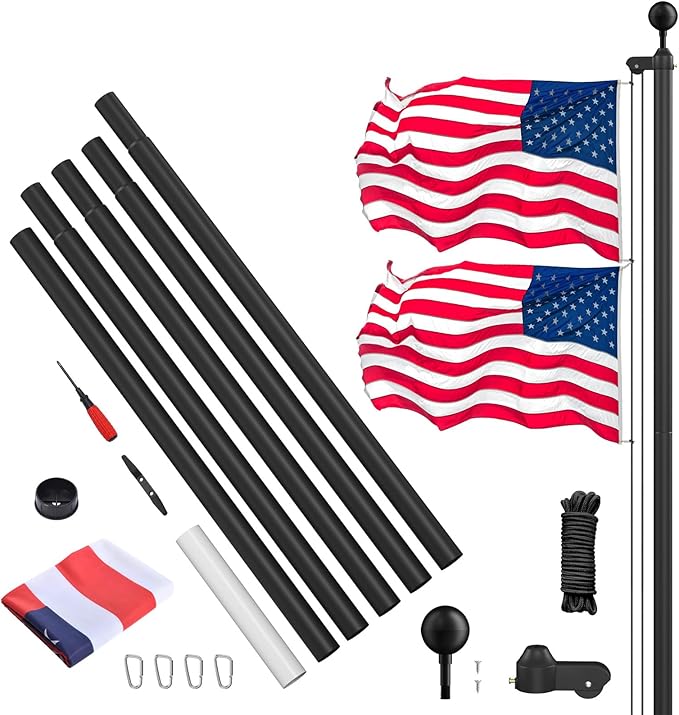 Flag Pole Kit 20FT, 12 Gauge 1.8mm Thickness Heavy Duty Flag Poles with 3x5 American Flag, Black Flag Pole for Outdoor House In Ground, Extra Thick Flagpoles Suitable for Yard and Garden