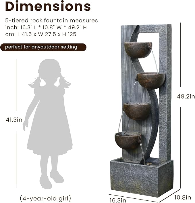 5-Tier Cascading Outdoor Fountain with LED Lights, 49.2" Tall Resin Waterfall Fountain for Garden, Patio, Backyard - Freestanding Water Feature