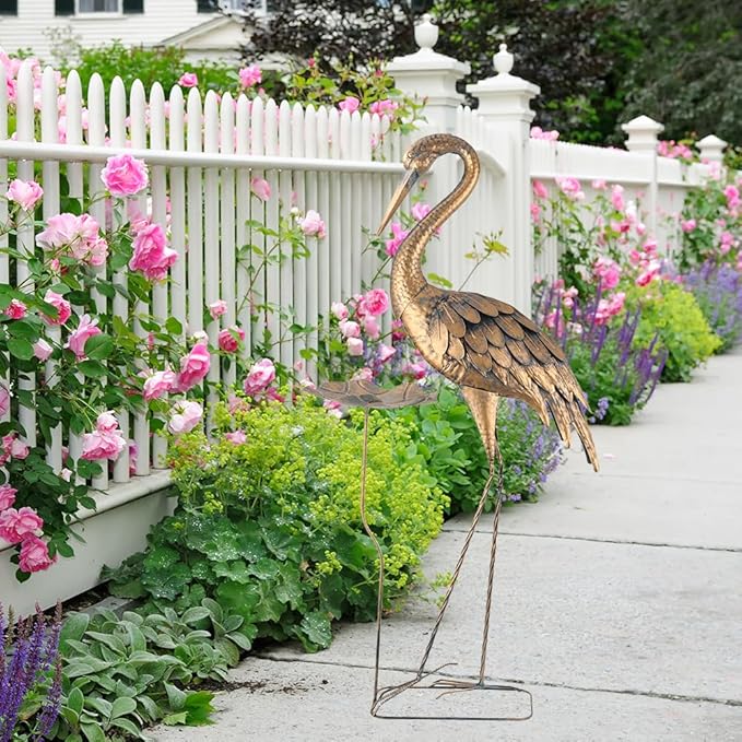 42'' Heron Garden Statue for Outside, Crane Outdoor Statue & Sculpture with Lotus Leaf, Metal Heron Yard Art Decor for Garden, Yard, Lawn, Pond (Gold & Blue)