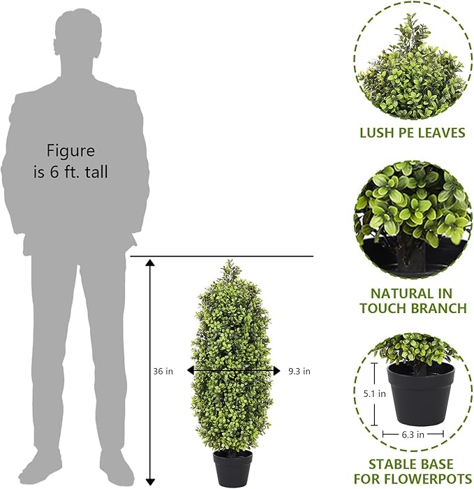 3ft Artificial Boxwood Topiary Trees (Set of 2) - UV Resistant Faux Plants for Outdoor/Indoor, Realistic 36in Fake Bushes and Shrubs for Front Porch, Planter, Patio - Low Maintenance & Evergreen