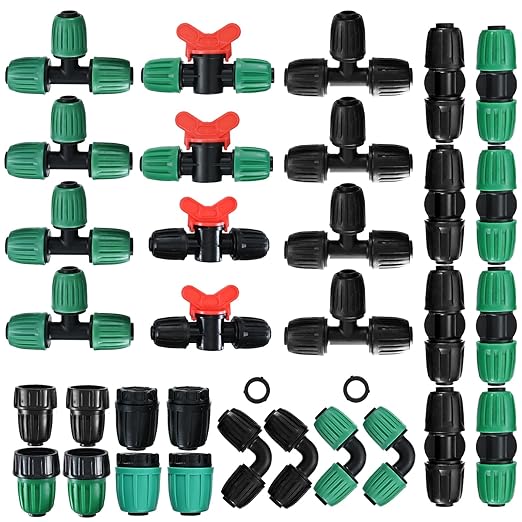 32Pcs 1/2 Inch Tubing Drip Irrigation Fittings Kit, 1/2 ID x 0.6-0.63 OD 16 mm Drip Line Barbed Locked Nut Connectors - 4 Switch Valves, 8 Tees, 8 Couplings, 4 Elbows, 4 Ends, 4 Adapters