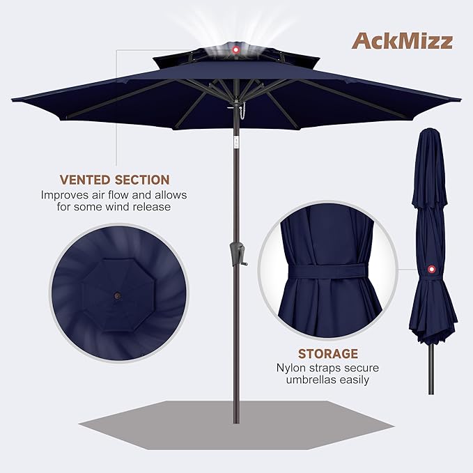 9ft Outdoor Patio Umbrella - 2 Tiers Table Umbrella Waterprool UV Protection, Sombrillas de Patio with Push Button Tilt&Crank, Sun Umbrella for Pool, Porch, Garden, Backyard(Dark Blue)