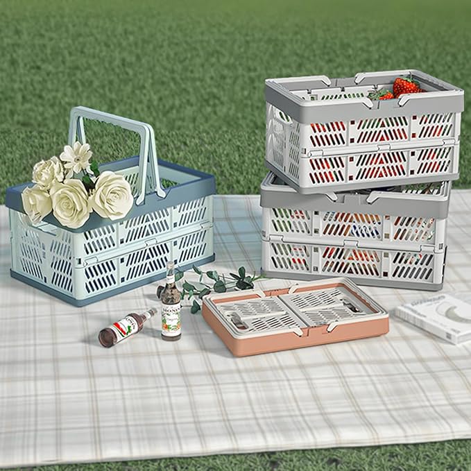 Foldable Handle Storage Crate Bin - 20L Collapsible Plastic Crate Stacking Storage Basket - Pink & Rose M