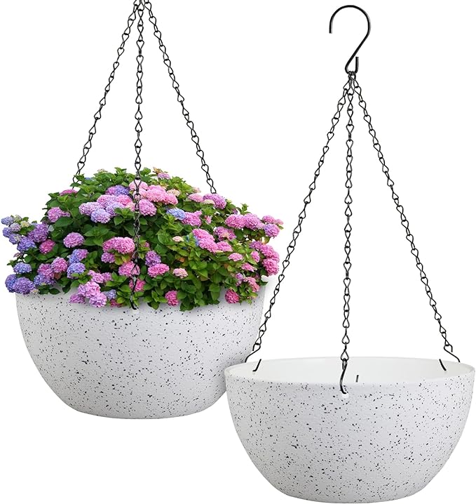 12 inch Large Hanging Planters for Indoor Outdoor Plants, 2 Pack Hanging Flower Pots with Drainage Holes and Chain for Garden Porch, Plastic Hanging Baskets for House Plants, Speckled White
